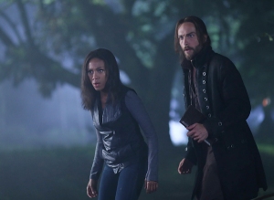 (L-R) Abbie (Nicole Beharie) and Ichabod (Tom Mison) attempt to resurrect a Frankenstein-like monster to help rescue Katrina in 'Sleepy Hollow.'